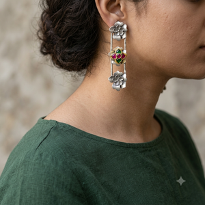 Virasa Long Oxidised Flower Earrings