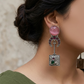 Bezel Light Pink and Yellow Stone Oxidised Earrings