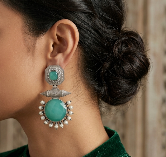 Azure Sea Green Stone Oxidised Earrings