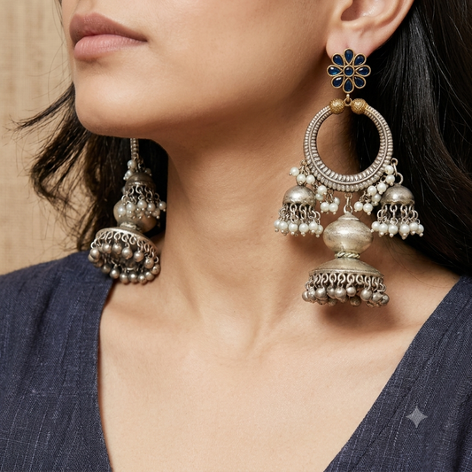 "Chic"Silver Look Alike Dual Tone Stone Earring