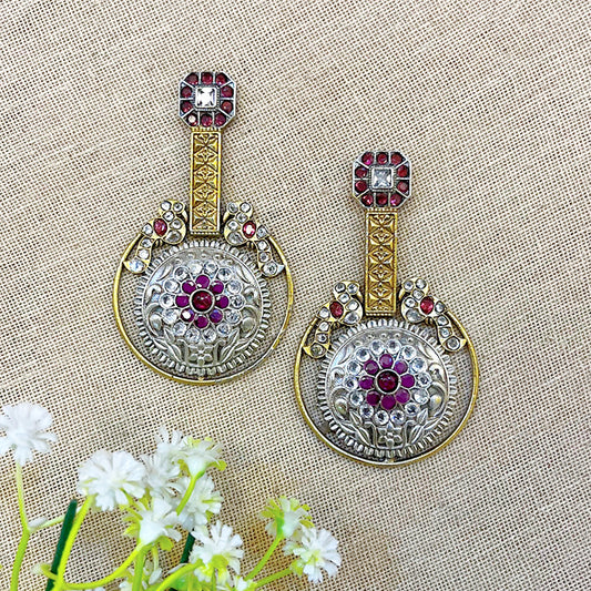 "Diamond" Silver Look Alike Dual Tone Stone Earring