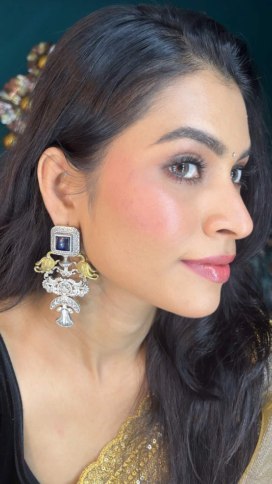 "Square" Silver Look Alike Dual Tone Earrings