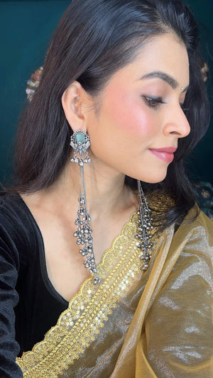 " Jadau " Silver Look Alike Oxidised Long Earrings