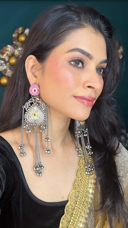 " Aadya " Silver Look Alike Oxidised Long Earring