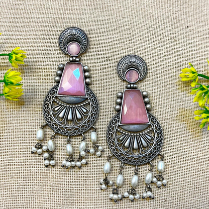 Pink Stone Oxidised earrings