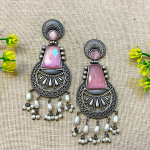 Pink Stone Oxidised earrings