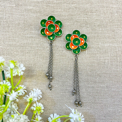 Green Flower Printed Oxidised Earring