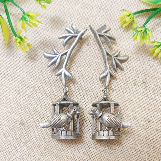 "Parrot Inside The Cage" Silver Look Alike Oxidised Earcuff