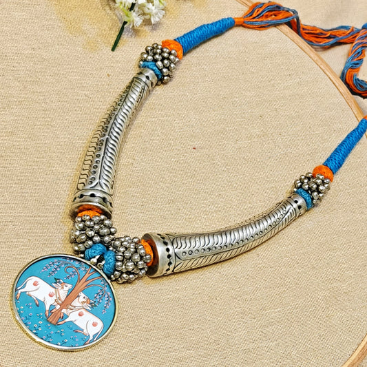 Printed Pendant Oxidised Choker Blue
