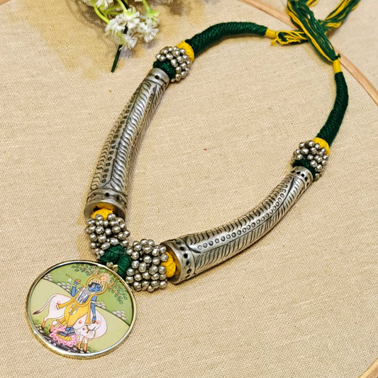 Printed Pendant Oxidised Choker Blue