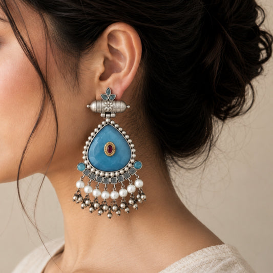 Panghat Oxidised Blue Stone Earring With Pearls