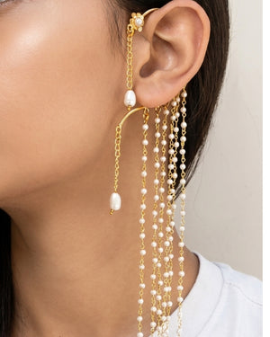 "Oak" Silver Look Alike Golden Pearl Earcuffs
