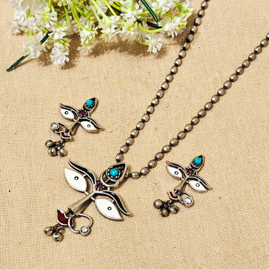 "Feather"Silver Look Alike Oxidized Necklace