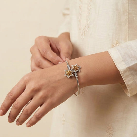 "Arunita" silver look a like Dual Tone flower shape kada Bracelet