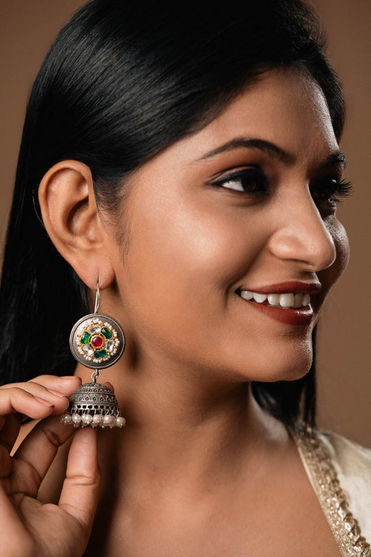 "Kanika" Silver Look Alike Oxidized Kundan Studded Dangler