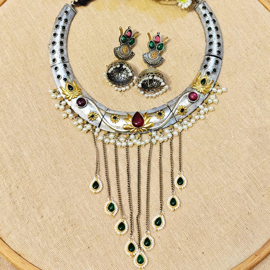 "Lotus"Silver Look Alike Dual Tone Choker