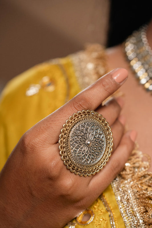 Rangoli  silver look alike dule tone Ring