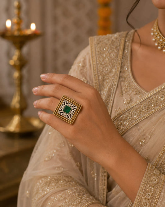 "Boxed Elegance" Navratri Ethnic Silver Oxidised Ring For Women