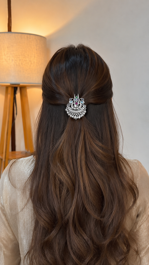 Shign Silver Look Alike Oxidized Hairpin for Women - Traditional Hairpin with Multicolor Stones