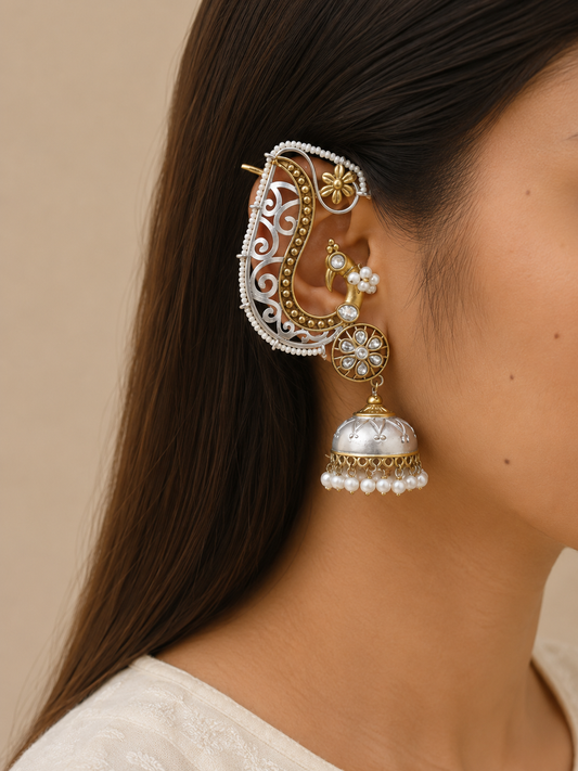 "Sajni" Silver Look Alike Dual Tone Peacock Earrings