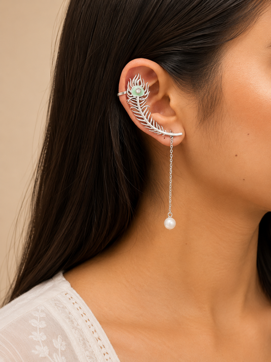 Whire Modern Peacock Feather Earcuff with Pearl Drop