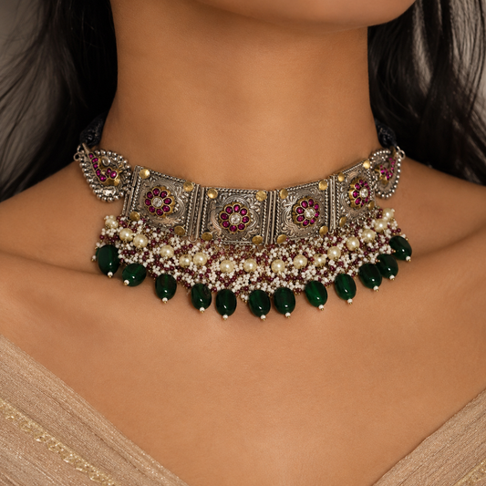 Dozer Navratri Kundan Enamel Choker with Green Drops