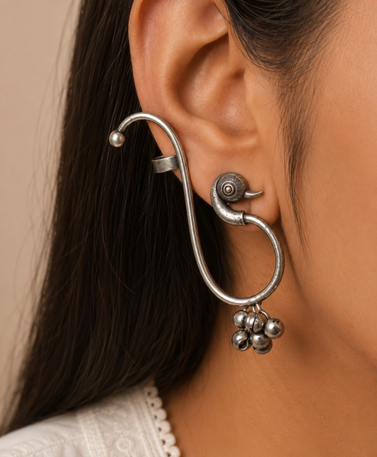 "Caelum " Silver Look Alike Peacock Oxidised Earcuffs Earrings