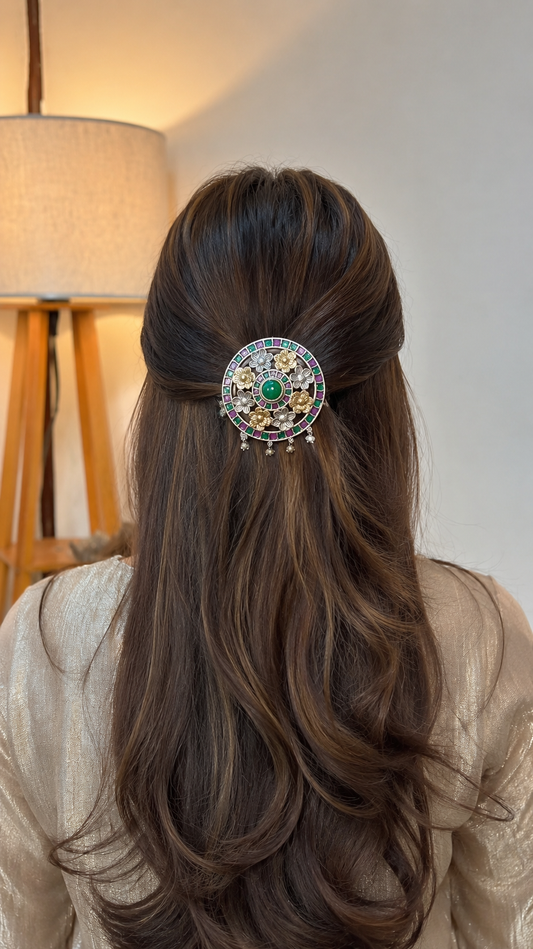 Vanya Silver Look Alike Dual Tone Hairpin for Women - Traditional Hairpin with Multicolor Stones
