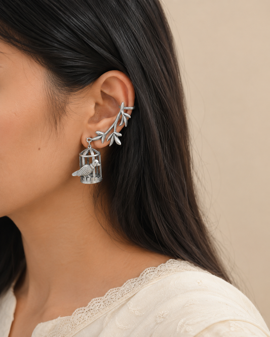 "Parrot Inside The Cage" Silver Look Alike Oxidised Earcuff