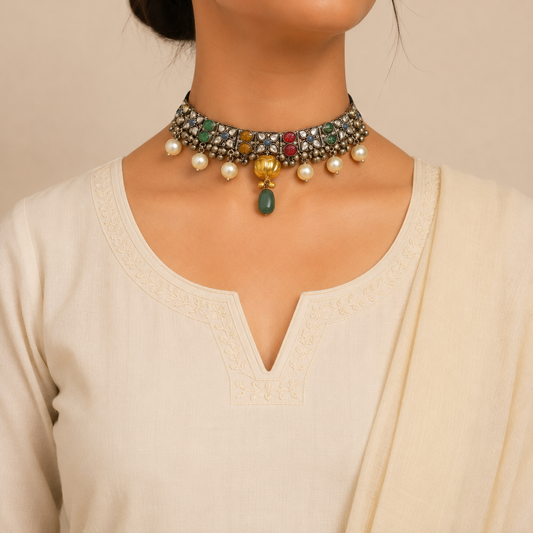 Navratna Silver Plated Choker for Women - Traditional Ethnic Jewellery