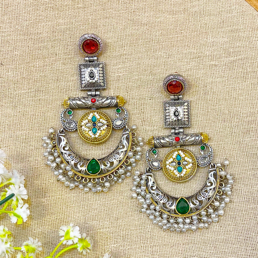 " Moonvile" Silver Look Alike Dual Tone Earrings