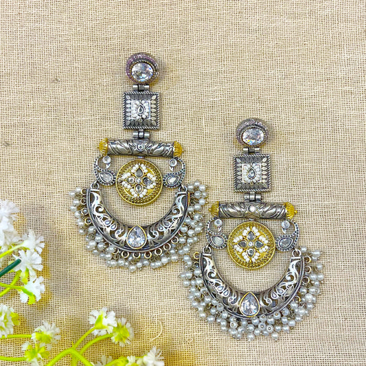 " Moonvile" Silver Look Alike Dual Tone Earrings