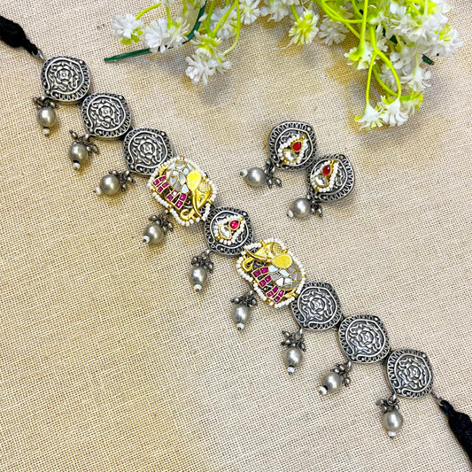 "Camellia" Silver Look Alike Kundan Choker